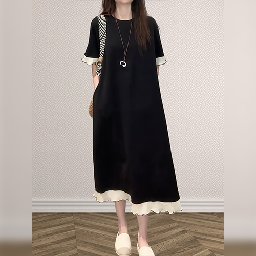 ◈[당일발송] 배색 A라인 반팔 원피스