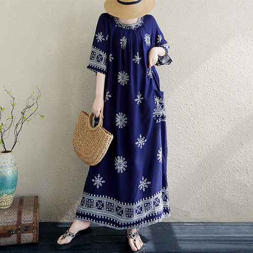 루즈핏 패턴 포켓 롱 원피스