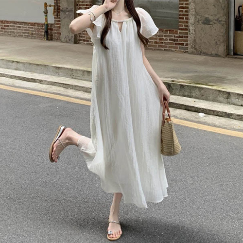 ◈[당일발송] 화이트 썸머 셔링 A라인 롱원피스