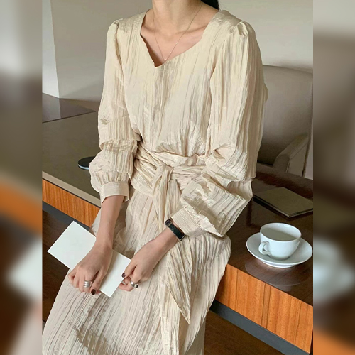 ◈[당일발송] 퍼프 슬리브 주름 롱 원피스