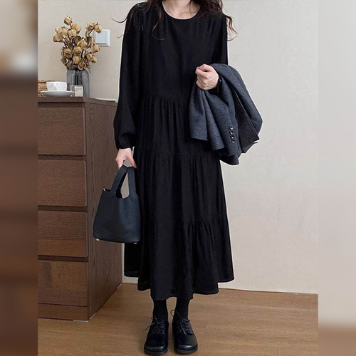 ◈[당일발송] 블랙 셔링 주름 롱 원피스