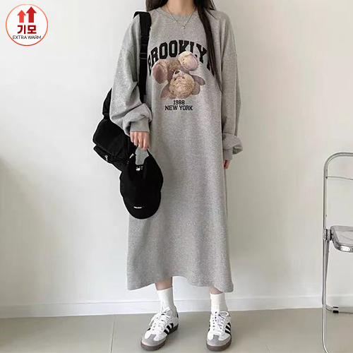 ◈[당일발송] 곰돌이 기모 캐주얼 맥시 원피스