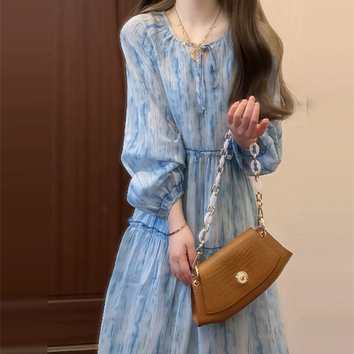 ◈[당일발송] 블루 패턴 리본넥 프릴 롱 원피스