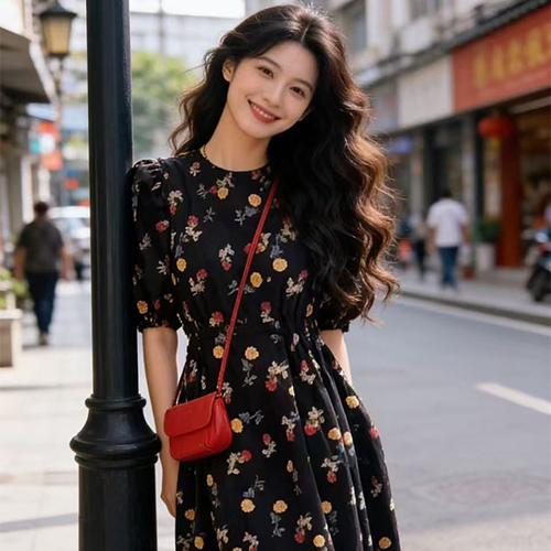 컬러풀 로즈 퍼프 밴딩 롱 원피스