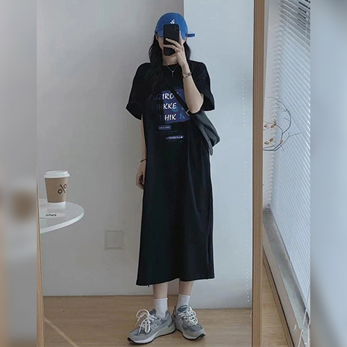 데일리 코지 레터링 루즈핏 반팔 원피스