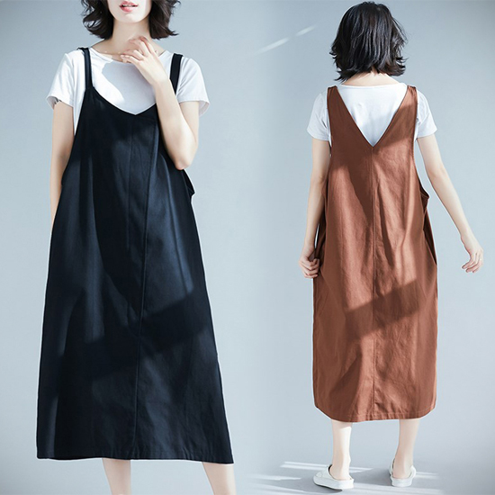 린넨 브이라인 멜빵 원피스