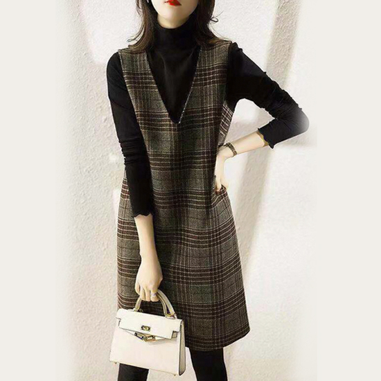 ◈[당일발송] [재입고]체크패턴 브이넥 레이어드 원피스