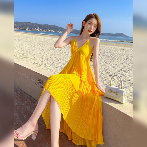  옐로우 끈 플리츠 롱 원피스 