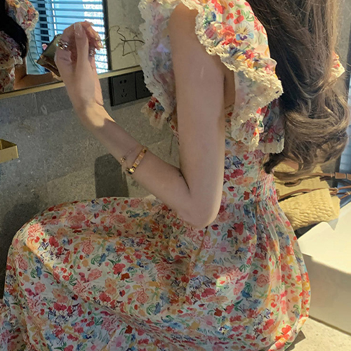 ◈[당일발송] 플라워 패턴 스모크 뒷밴딩 나시 원피스