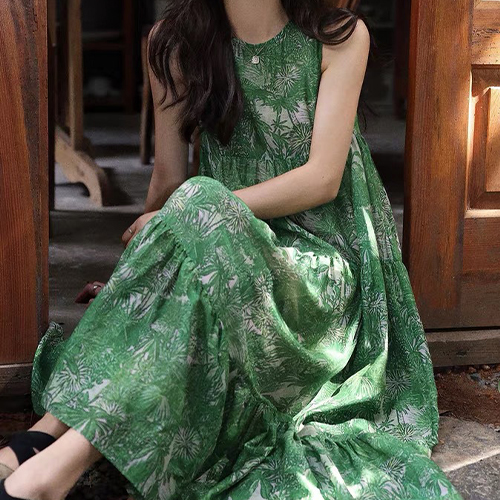 야자수 패턴 민소매 롱 원피스