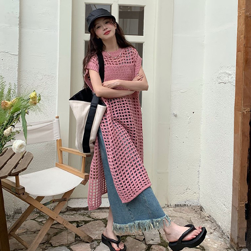 ◈[당일발송] ★일요특가 자정마감 9990원★핑크 펀칭 짜임 니트 원피스