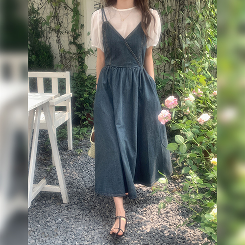 .[무료배송&당일발송]데님 뷔스티에 끈나시 원피스