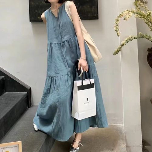 [당일발송] 스카이 브이넥 리본끈 민소매 원피스