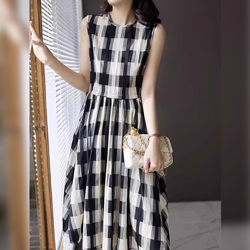 체크 나염 민소매 롱 원피스
