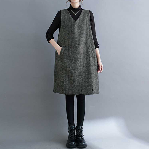 브이넥 헤링본 베스트 원피스