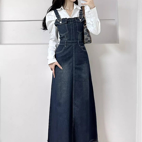 ◈[당일발송] 레트로 멜빵 데님 원피스