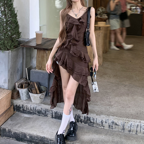 ◈[당일발송] 브이넥 언발 러플 끈나시 원피스