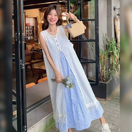 앤틱 펀칭 롱 베스트&블루 스트라이프 끈나시 원피스 2SET