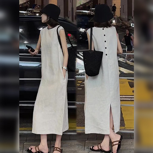 뒷버튼 심플 민소매 롱 원피스