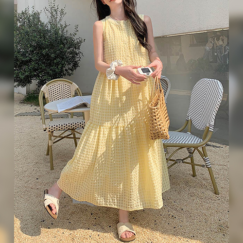 ◈[당일발송] 민소매 레몬 롱 원피스