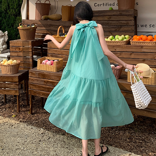 ◈[당일발송] 민트 쉬폰 A라인 리본 원피스