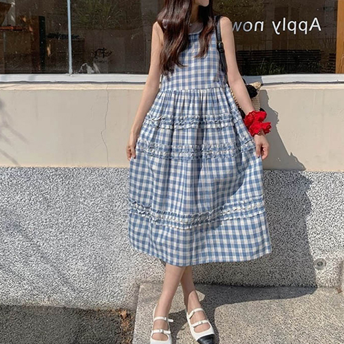 ◈[당일발송] 블루 체크 프릴 나시 롱 원피스