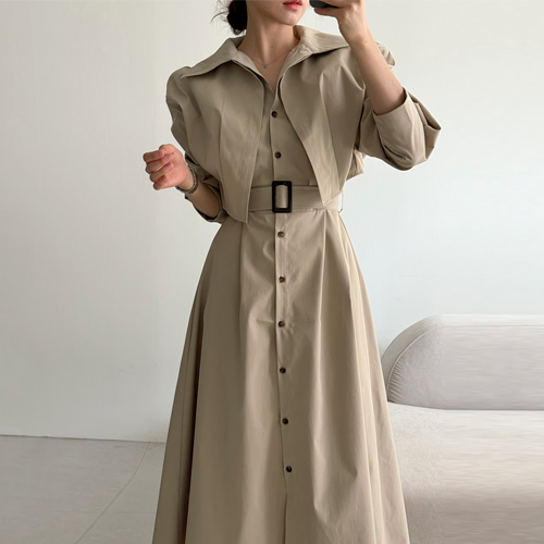 [당일발송]카라 크롭 자켓&트렌치 벨티드 원피스 2SET