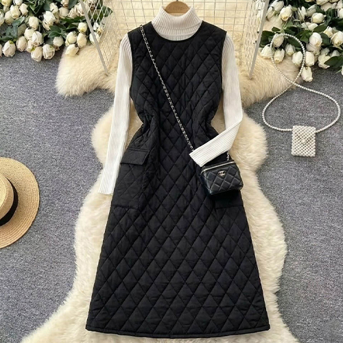 데일리 레이어드 누빔 롱 원피스