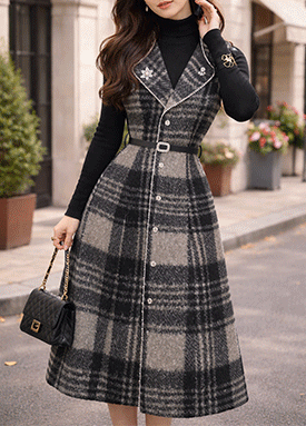 체크 뽀글이 벨티드 민소매 원피스