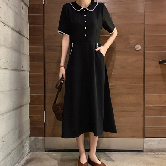 [당일발송] 레이스 라인 카라 원피스