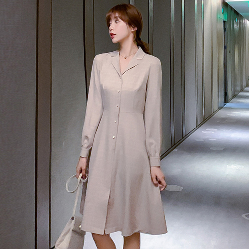 ◈[당일발송] 타탄체크 오픈 카라 셔링 버튼 원피스