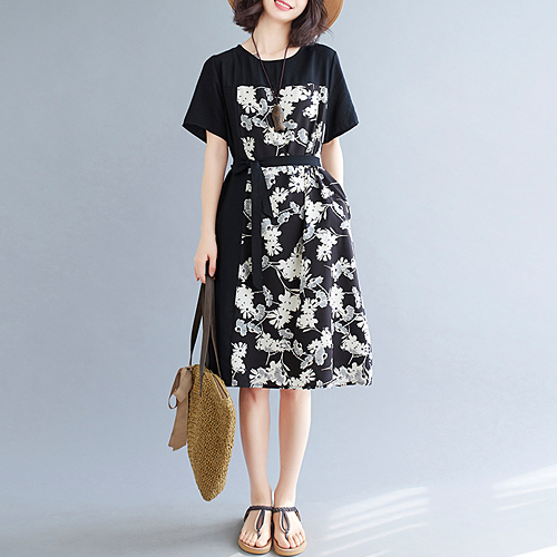 플라워 A라인 벨티드 린넨 원피스