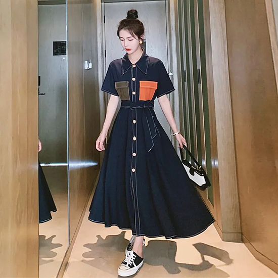 [재입고] 컬러 포켓 카라 버튼 원피스