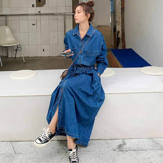  네추럴 데님 밴딩 카라 원피스
