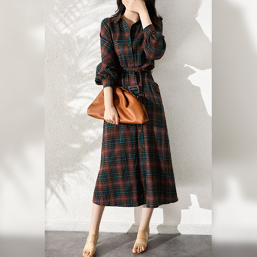  [재입고]글렌 체크 카라 셔츠 원피스+벨트 세트