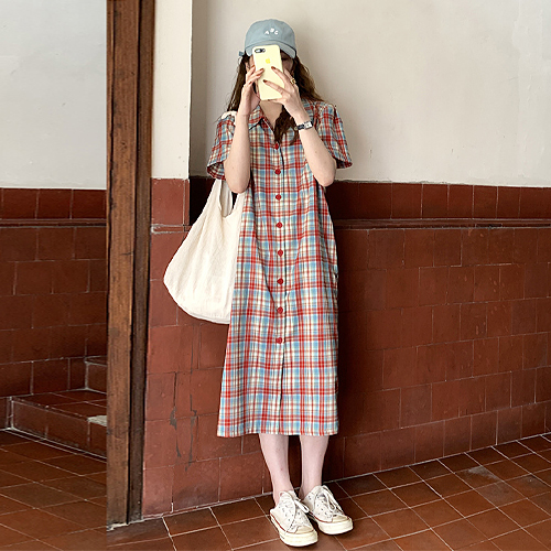 [당일발송]타탄 체크 셔츠 버튼 원피스