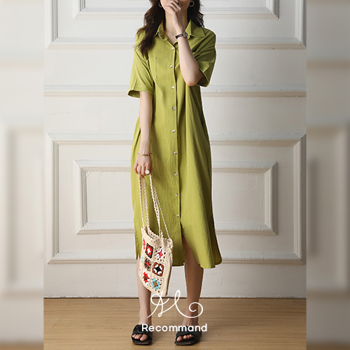 ◈[당일발송] [재입고] 포켓 반팔 셔츠 슬릿 롱 원피스