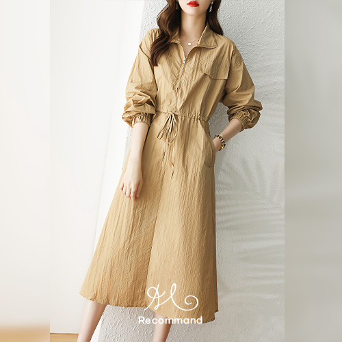 ◈[당일발송] 하이넥 집업 카라 스트링 원피스