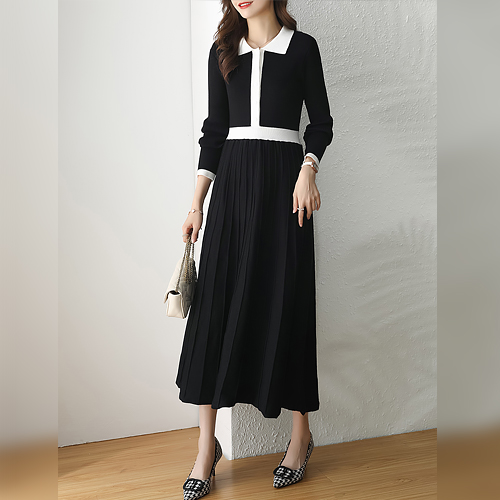 [당일발송]카라 배색 라인 니트 원피스