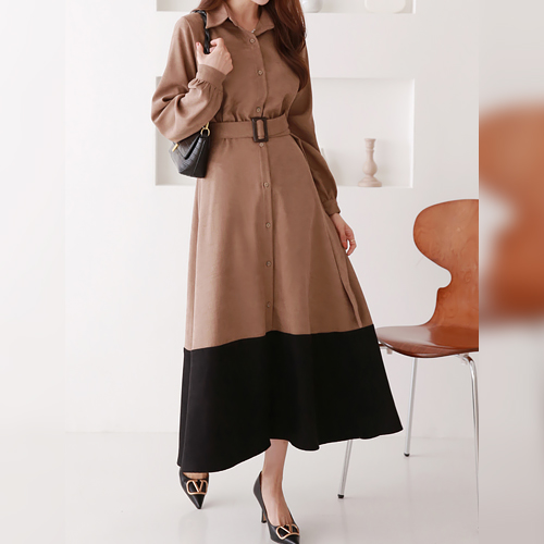  배색 벨트 셔츠 원피스