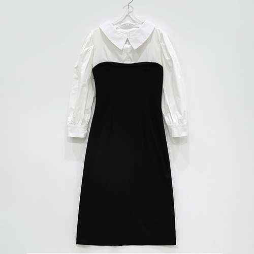 ◈[당일발송] 셔츠 콤비 퍼프소매 롱 원피스