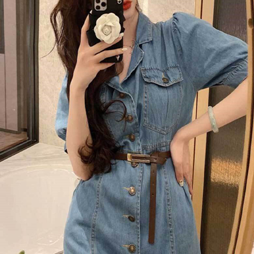 ◈[당일발송] 라인 절개 벨트 데님 카라 원피스