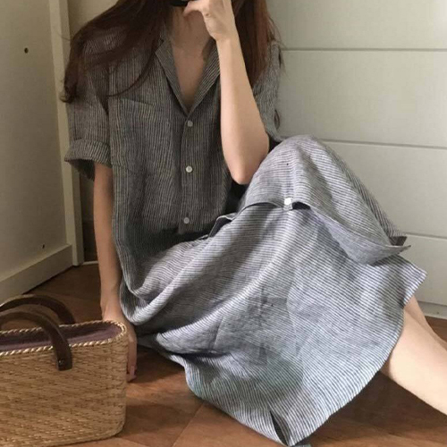 ◈[당일발송] . 데일리 스트라이프 브이넥 카라 롱 원피스