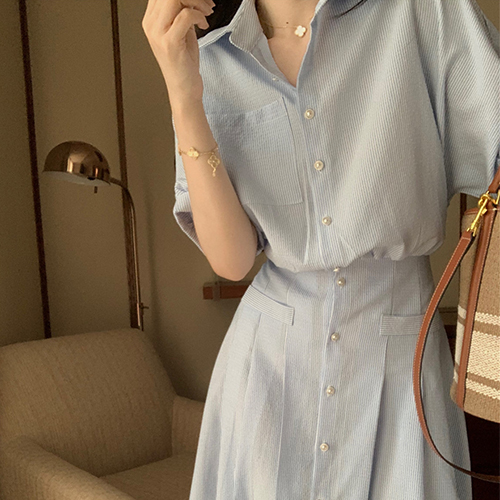 ◈[당일발송] 스트라이프 롤업 소매 뒷밴딩 카라 원피스[숏/롱 2가지 기장]