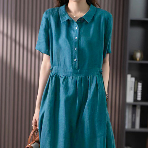 [당일발송]셔츠 카라 셔링 롱 원피스