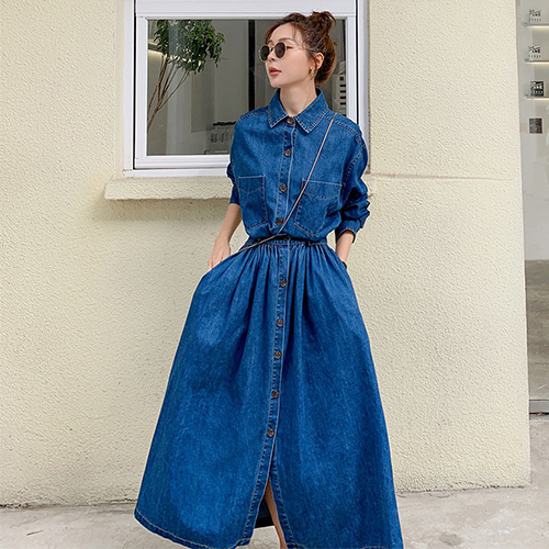 ★토요특가 자정마감 50%★빈티지 데님 카라 뒷밴딩 롱 원피스