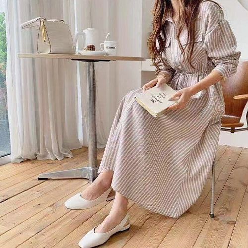 ◈[당일발송] 스트라이프 포켓 카라 원피스