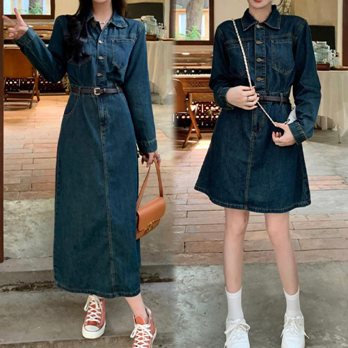 ◈[당일발송] 캐주얼 버클 데님 카라 원피스[숏/롱 2가지 기장]