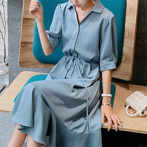 ◈[당일발송] 오픈 카라 스트랩 플레어 원피스