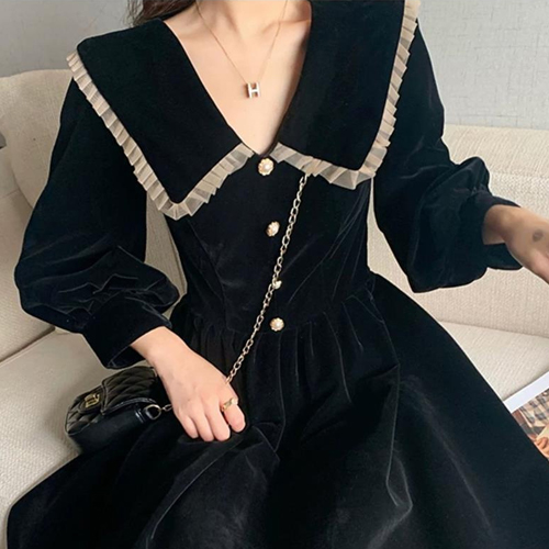 [당일발송]카라 벨벳 A라인 롱 원피스